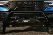 Closeup of a black bullbar fitted to a Dodge Ram TRX
