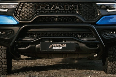 Closeup of a black bullbar fitted to a Dodge Ram TRX
