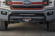 Frontal view of a black bullbar fitted to a lifted Ford F150