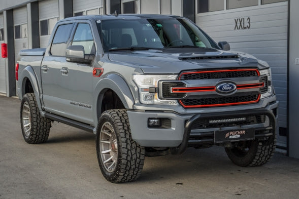 Lifted Ford F150 with a black bullbar and offroad tires