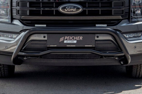 Close up of a black bullbar on a grey Ford F-150