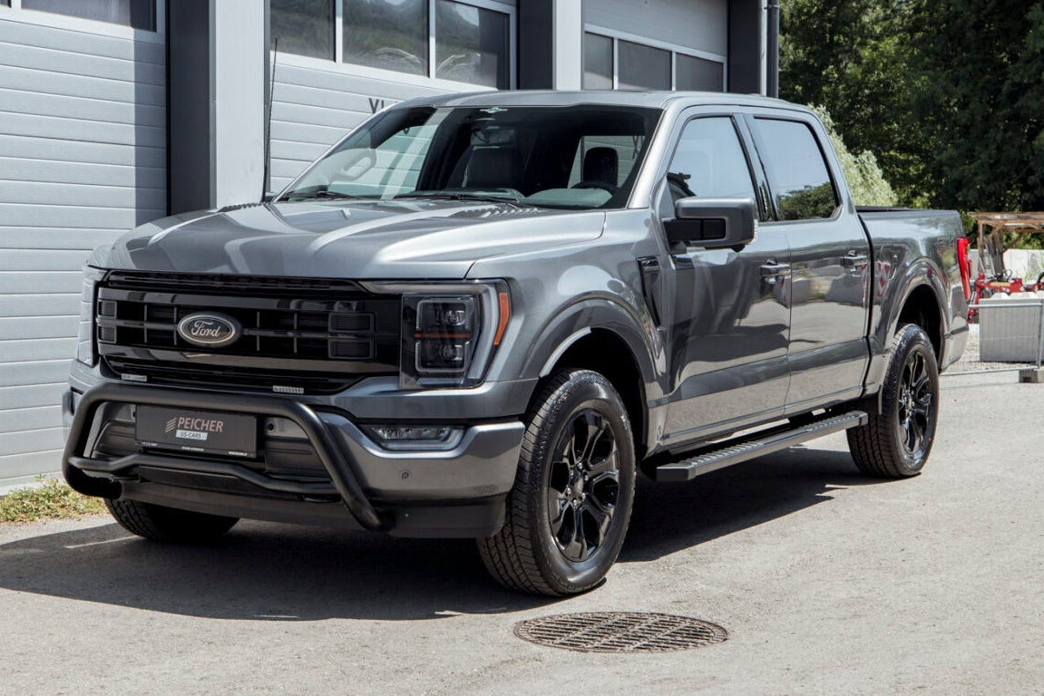 Grey Ford F-150 with a black bullbar and black sidesteps