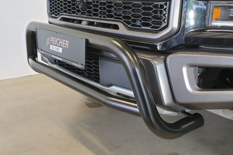 Zoomed image of a black bullbar on a Ford F150 Raptor