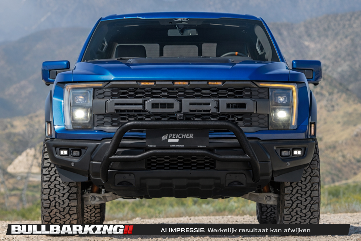 Frontal view of a blue Ford F-150 Raptor with a black bullbar