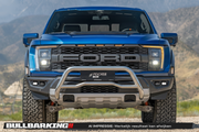 Frontal view of a blue Ford F150 Raptor with a stainless steel bullbar