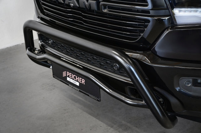 Top view of a black bullbar fitted to a Dodge Ram truck