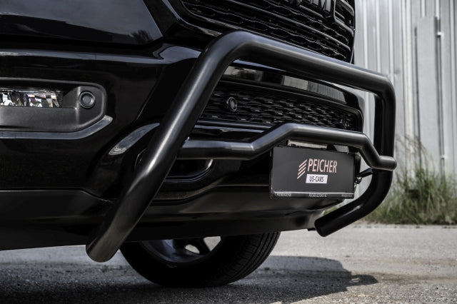 Close view of a black bullbar fitted to a black Dodge Ram