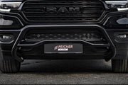 Closeup of a black Dodge Ram truck with a black bullbar installed