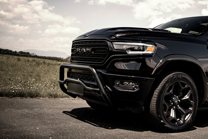 Black bullbar installed on a Dodge Ram gen 5