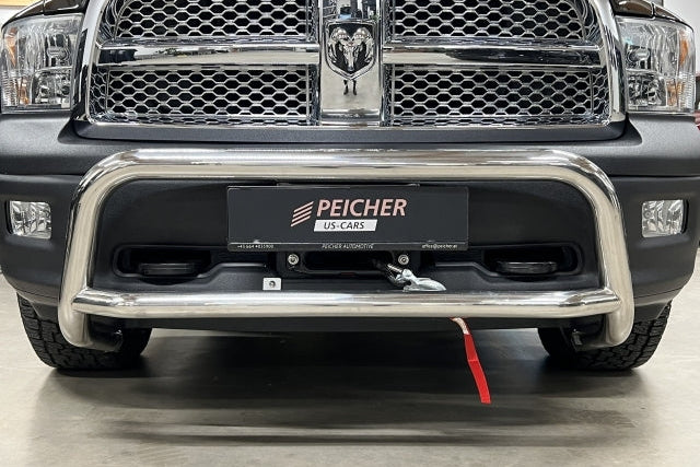 Closeup of a stainless steel bullbar fitted to a Dodge Ram