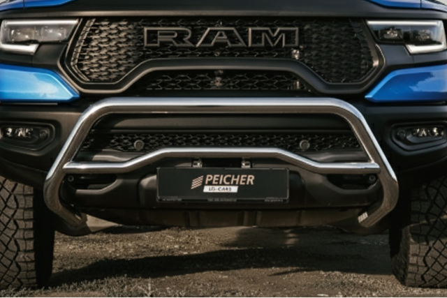 Closeup of a Dodge Ram TRX with a stainless steel bullbar