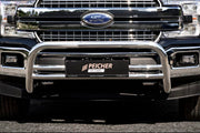 Closeup of a gen. 13 Ford F150 with a stainless steel bullbar