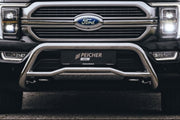 Closeup of a stainless steel bullbar fitted to a black Ford F150