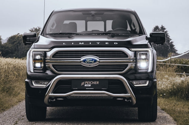 Front view of a black Ford F150 with a stainless steel bullbar