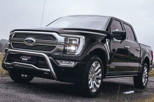 Action shot of a black Ford F150 showcasing a stainless steel bullbar