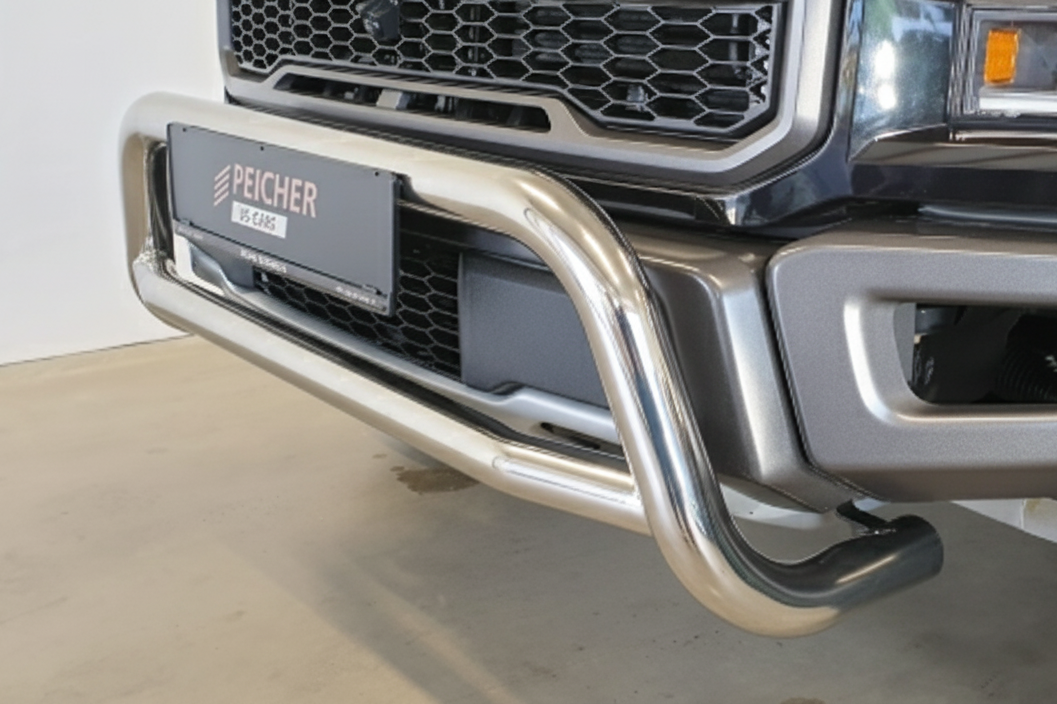 Close view of a stainless steel bullbar fitted to a Ford F150 Raptor