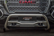 Closeup of a stainless steel bullbar fitted to a GMC Sierra