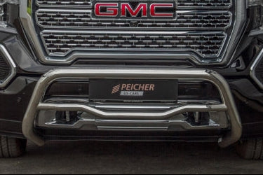 Closeup of a stainless steel bullbar fitted to a GMC Sierra