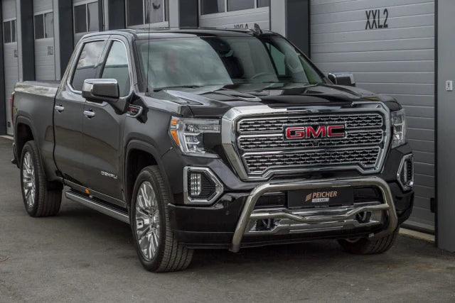 Black GMC Sierra with a stainless steel bullbar installed