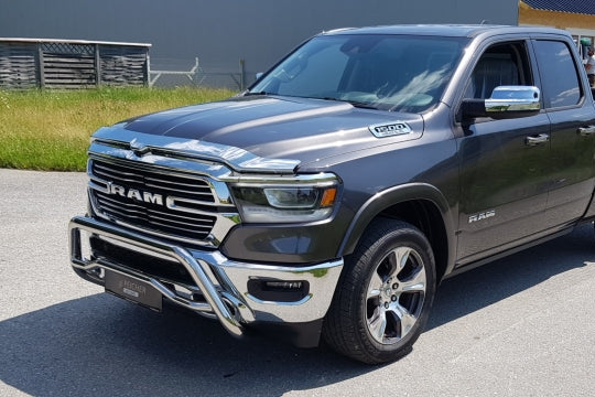 Dark grey Dodge Ram truck with a stainless steel bullbar