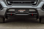 Closeup of a black bullbar installed on a GMC Sierra truck
